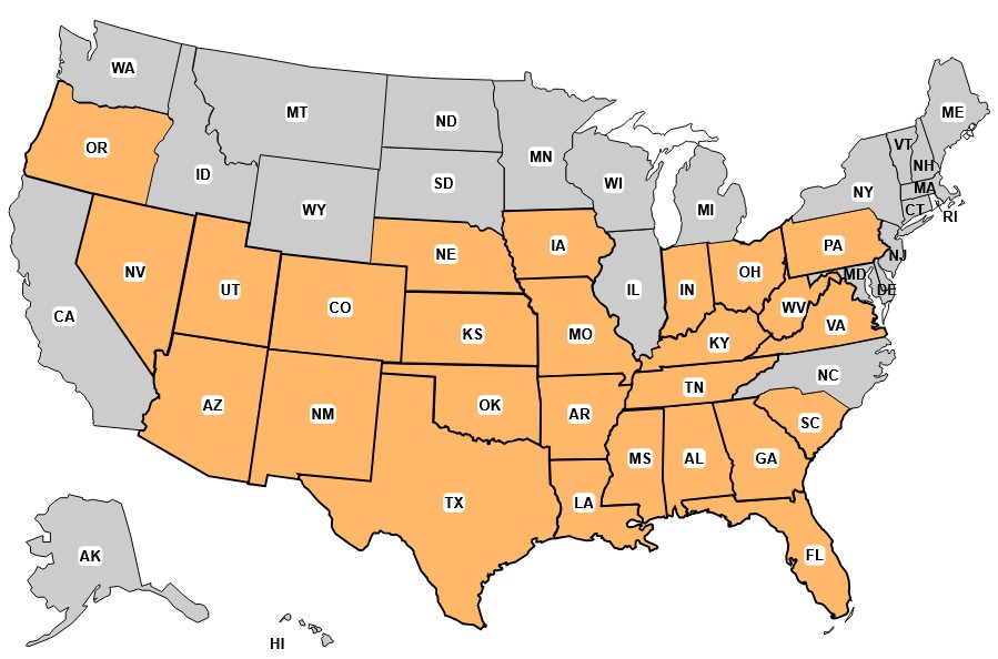 US map showing Just Right Engineering service areas